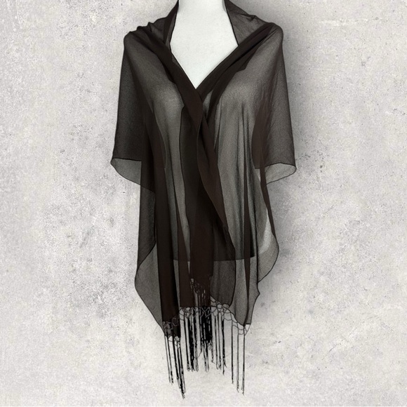 Brown Beaded Fringe Sheer Rectangular Scarf Bohemian Tassel 20" x 36" Wrap Skirt - Picture 3 of 15